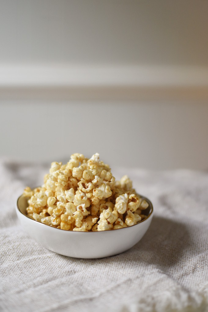 Recipe for caramel popcorn using healthy, natural sweeteners and air popped popcorn. Delicious treat! | Feathers in Our Nest