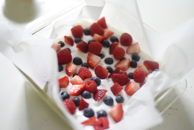 triple berry frozen yogurt bark with Yoplait vanilla Greek yogurt