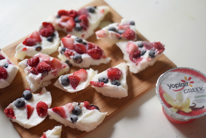 triple berry frozen yogurt bark with Yoplait vanilla Greek yogurt