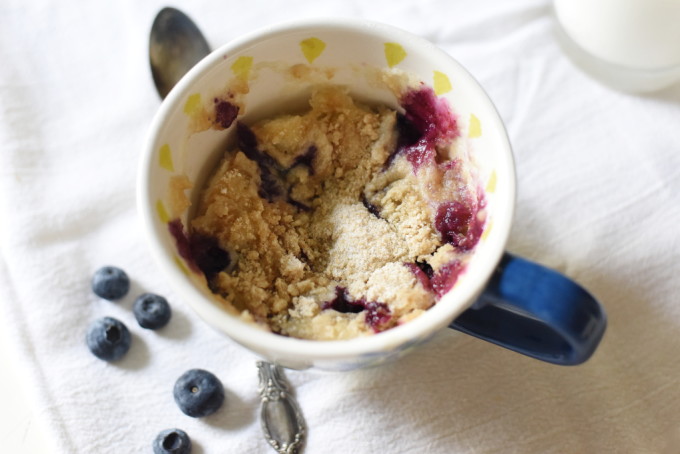 Single-Serve Mug Cake - Blueberry Coffee Cake with fresh blueberries and a brown sugar crumble topping | Feathers in Our Nest