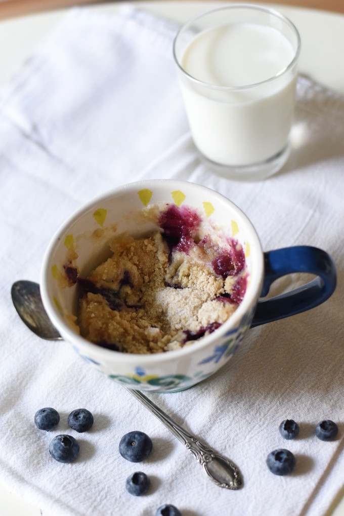 Single-Serve Mug Cake - Blueberry Coffee Cake with fresh blueberries and a brown sugar crumble topping | Feathers in Our Nest