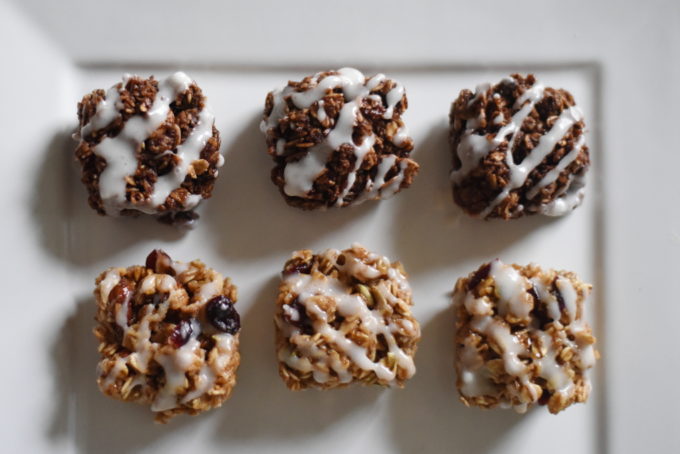 Double Chocolate Granola Bites with Strawberry Yogurt Drizzle AND Cranberry Almond Granola Bites with Vanilla Bean Yogurt Drizzle - made with Van's Simply Delicious Gluten-Free Granola and Wallaby Organic Greek Yogurt | Feathers in Our Nest