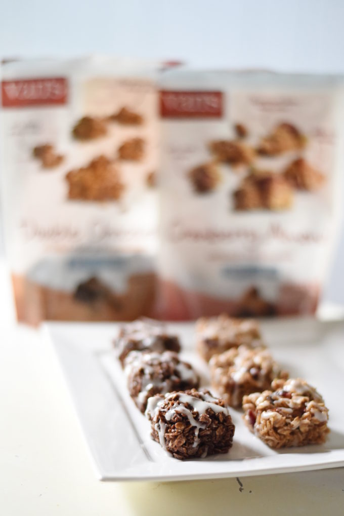 Double Chocolate Granola Bites with Strawberry Yogurt Drizzle AND Cranberry Almond Granola Bites with Vanilla Bean Yogurt Drizzle - made with Van's Simply Delicious Gluten-Free Granola and Wallaby Organic Greek Yogurt | Feathers in Our Nest