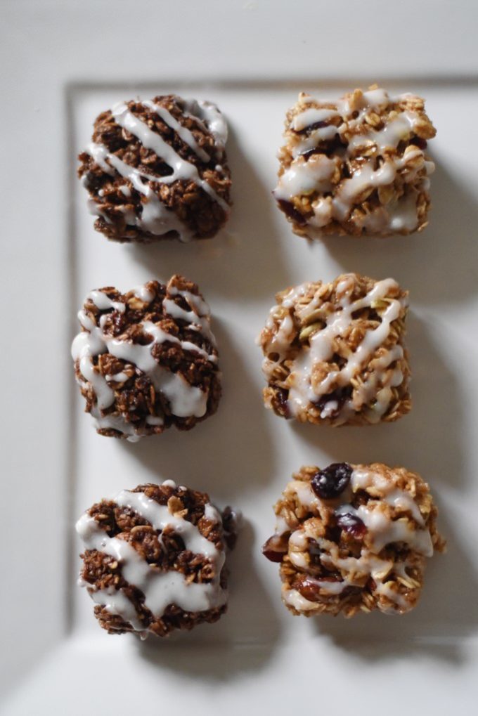 Double Chocolate Granola Bites with Strawberry Yogurt Drizzle AND Cranberry Almond Granola Bites with Vanilla Bean Yogurt Drizzle - made with Van's Simply Delicious Gluten-Free Granola and Wallaby Organic Greek Yogurt | Feathers in Our Nest