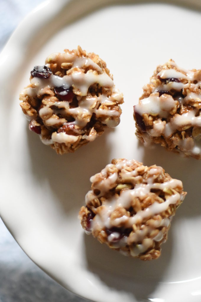 Cranberry Almond Granola Bites with Vanilla Bean Yogurt Drizzle - made with Van's Simply Delicious Gluten-Free Granola and Wallaby Organic Greek Yogurt | Feathers in Our Nest