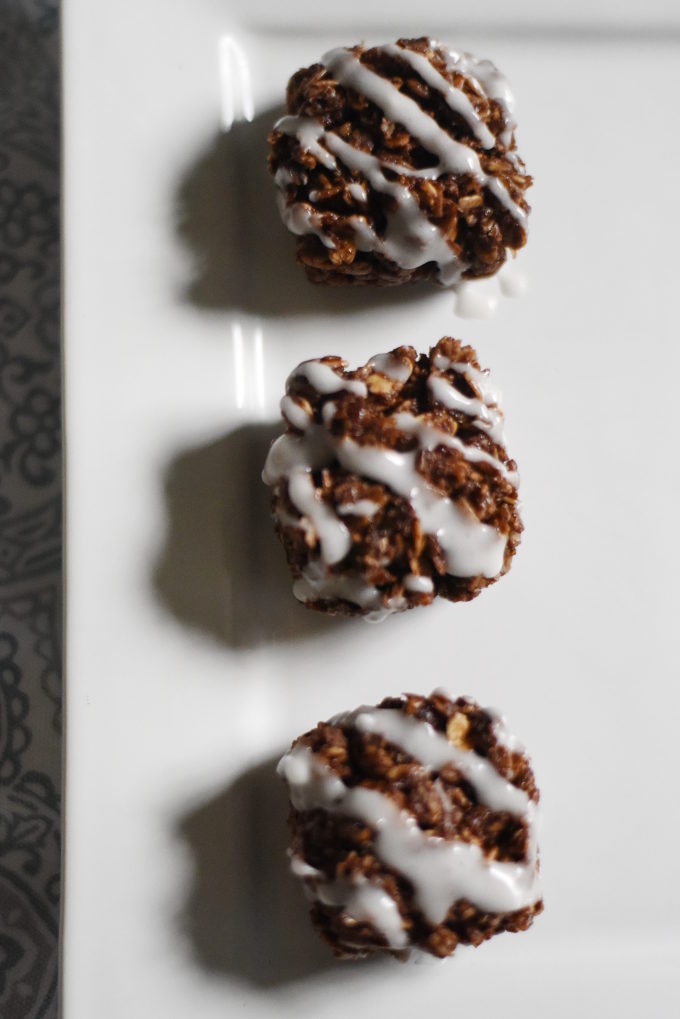 Double Chocolate Granola Bites with Strawberry Yogurt Drizzle - made with Van's Simply Delicious Gluten-Free Granola and Wallaby Organic Greek Yogurt | Feathers in Our Nest