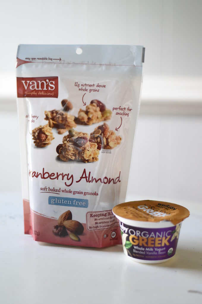 Cranberry Almond Granola Bites with Vanilla Bean Yogurt Drizzle - made with Van's Simply Delicious Gluten-Free Granola and Wallaby Organic Greek Yogurt | Feathers in Our Nest