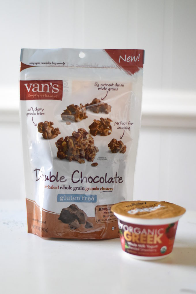 Double Chocolate Granola Bites with Strawberry Yogurt Drizzle - made with Van's Simply Delicious Gluten-Free Granola and Wallaby Organic Greek Yogurt | Feathers in Our Nest