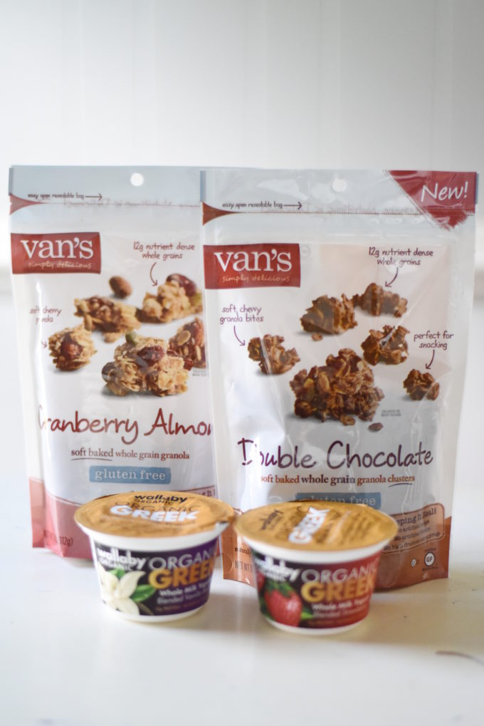 Double Chocolate Granola Bites with Strawberry Yogurt Drizzle AND Cranberry Almond Granola Bites with Vanilla Bean Yogurt Drizzle - made with Van's Simply Delicious Gluten-Free Granola and Wallaby Organic Greek Yogurt | Feathers in Our Nest