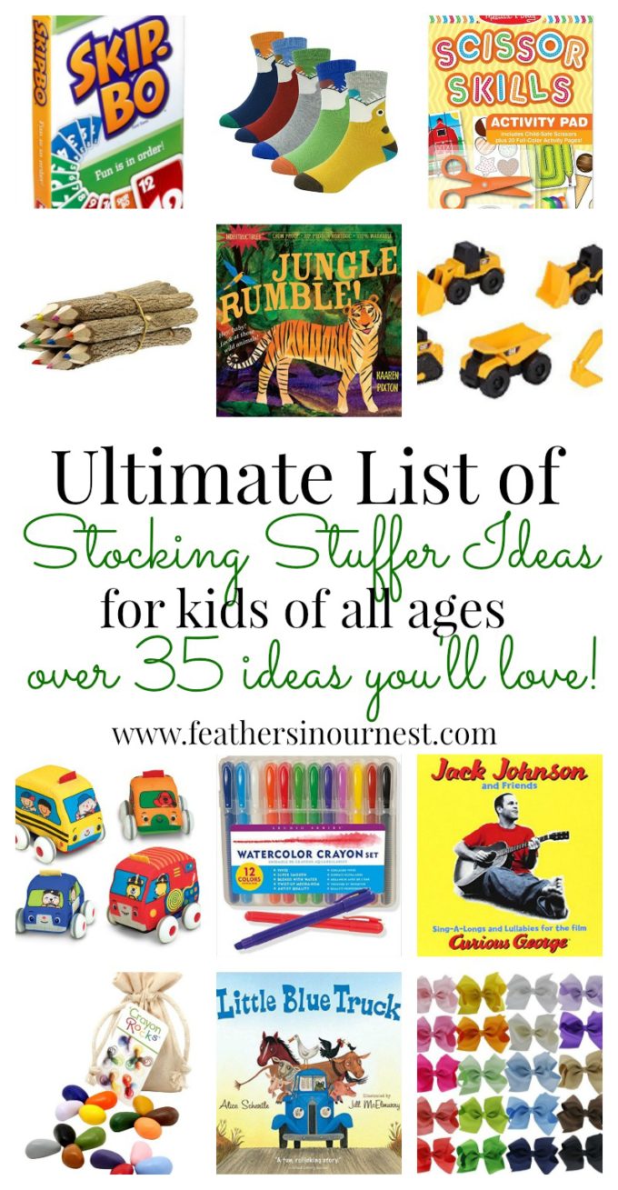 Ultimate list of over 35 stocking stuffer ideas for kids, babies, toddlers, school-age, and MORE! Art supplies, books, and fun playables! These ideas are awesome... and won't get tossed as soon as Christmas is over! | Feathers in Our Nest